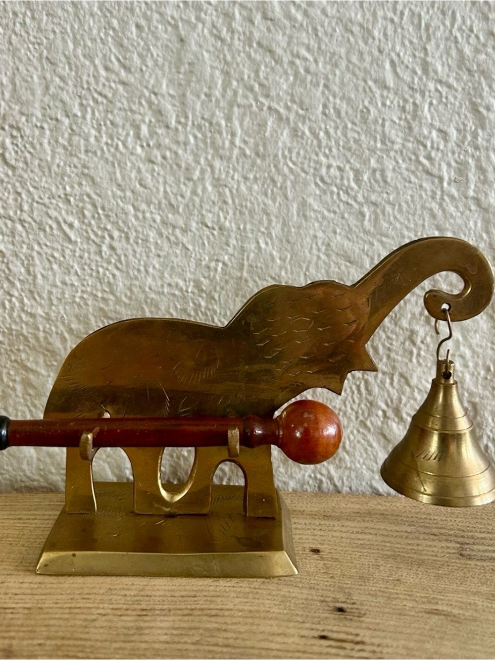 Vintage Brass Elephant Dinner Gong Desktop Prayer Bell Mallet Striker India 4.5”
